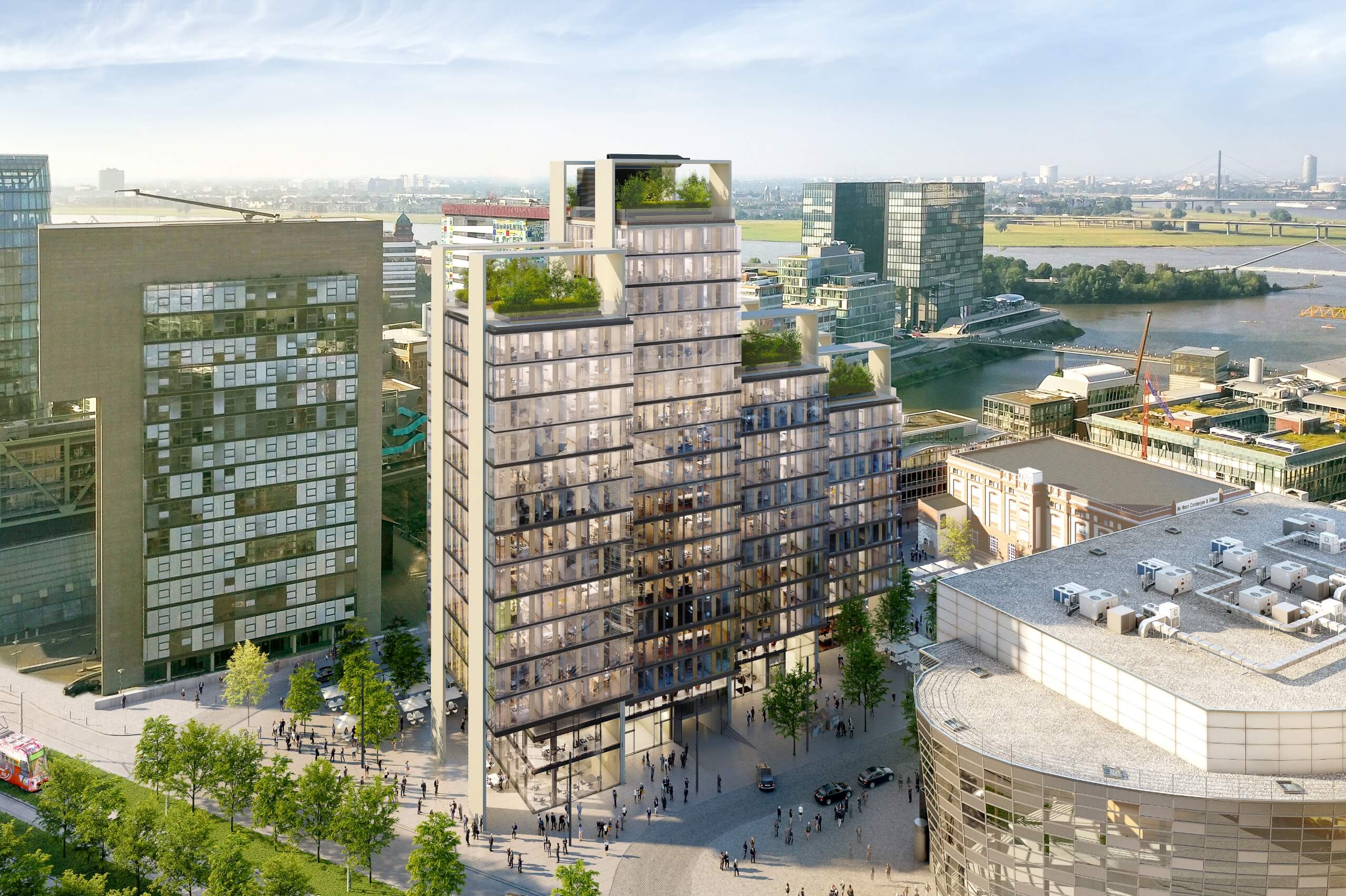 Rendering Panorama Bürohochhaus UNIQ TOWERS am Medienhafen Düsseldorf an einem sonnigen Tag