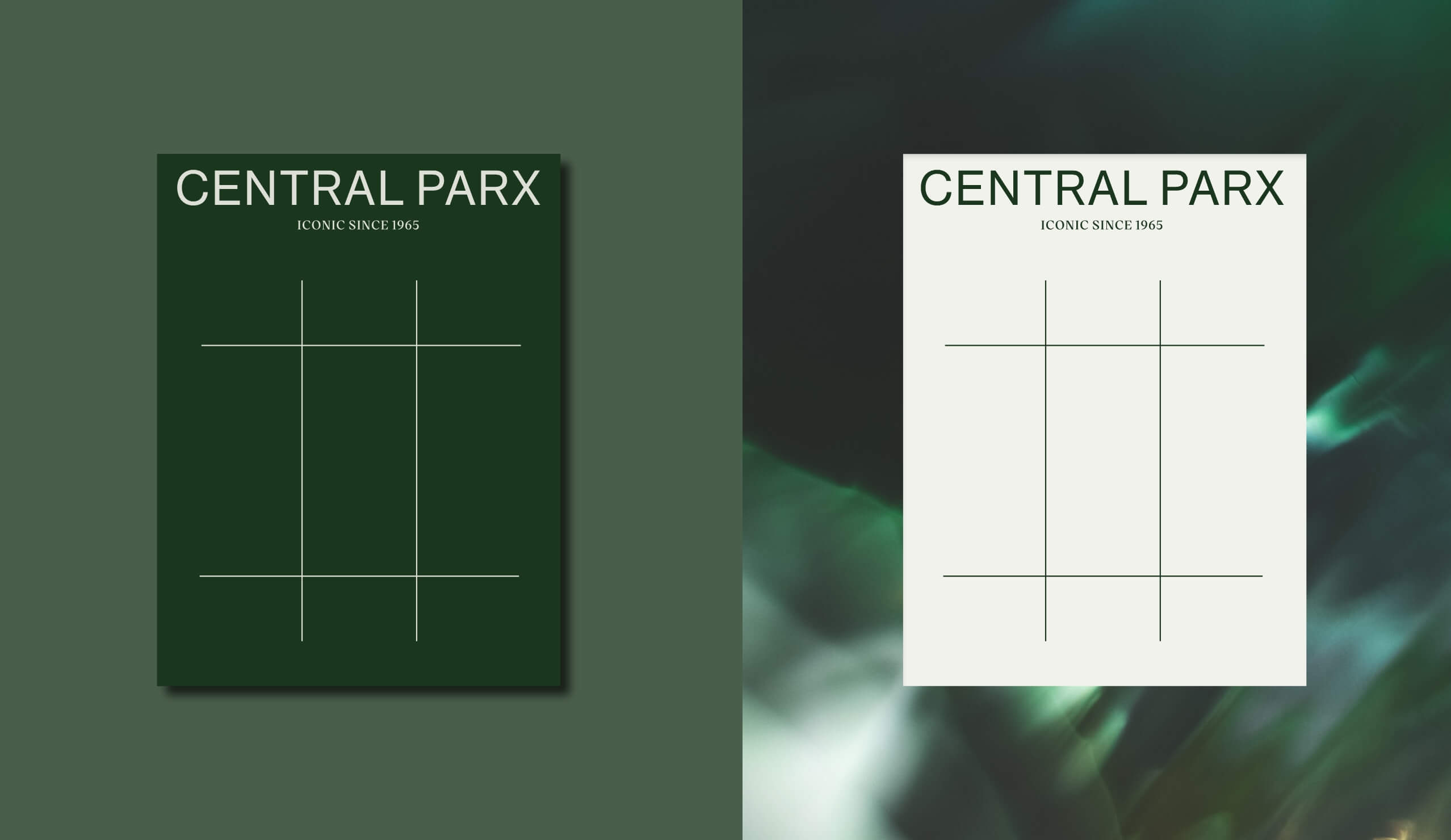 Zwei Broschürencover mit dem Titel CENTRAL PARX auf dunkelgrünem Grund