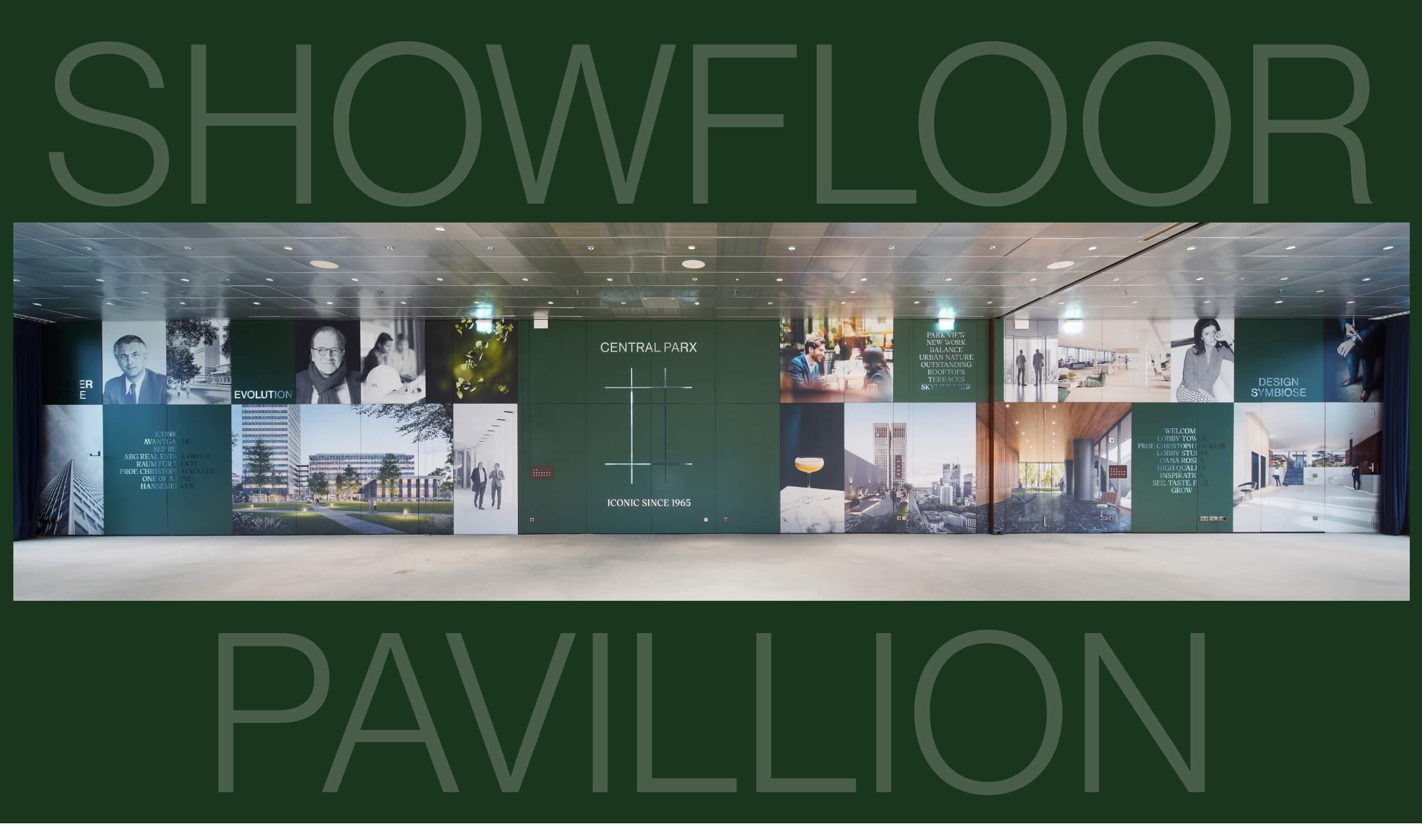 eine Panoramaansicht der gestalteten Showfloor-Wand mit Fotos und Text