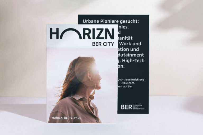 Ein Bild der gestalteten Postkarte für HORIZN BER CITY - Vorder- und Rückseite