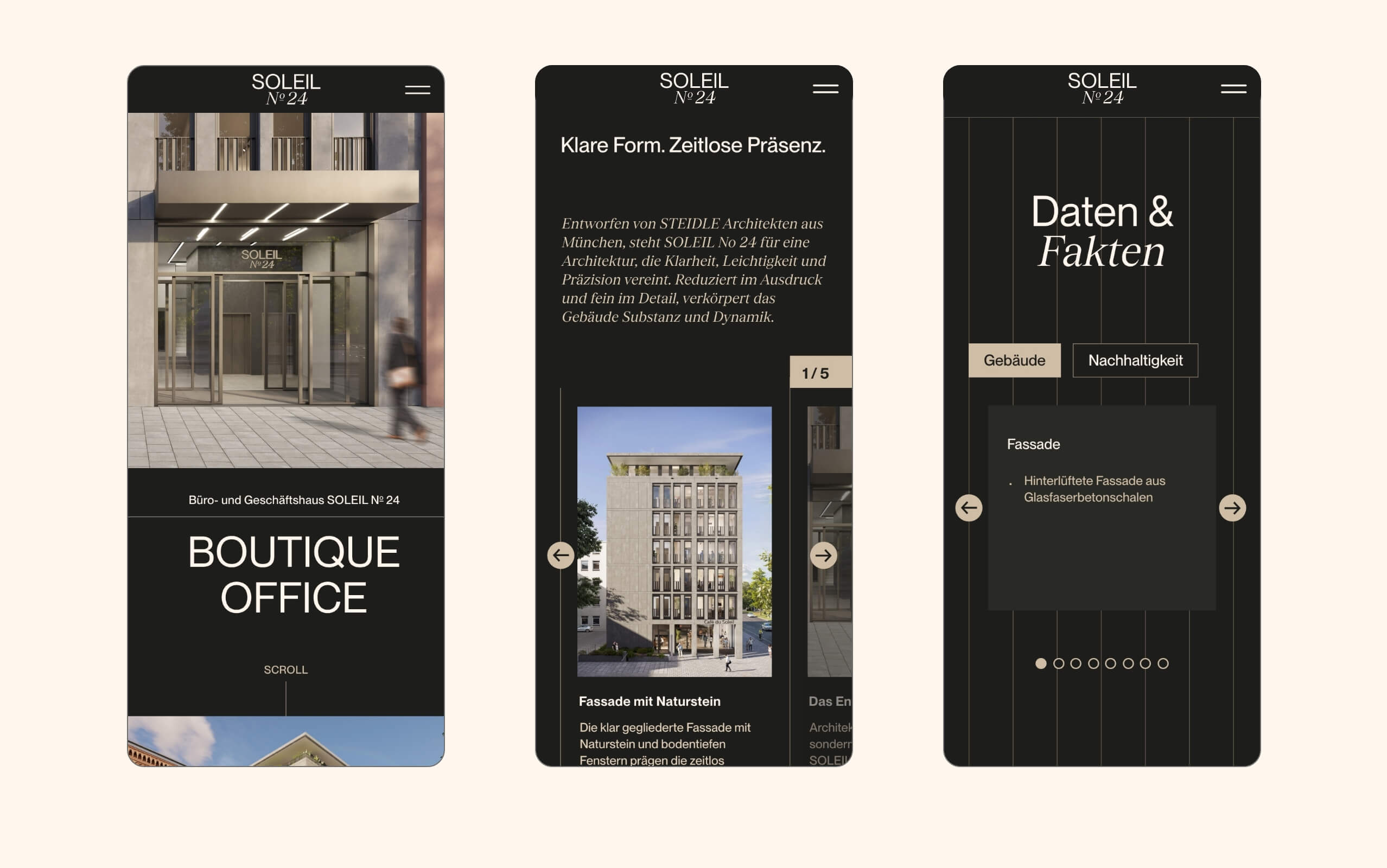 Drei Ansichten der mobilen Website von Soleil nebeneinander